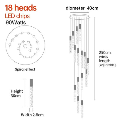 New Staircase Chandelier LED Modern Duplex Loft Spiral Long Chandelier Creative Villa Living Room Bedroom Hanging Crystal Light