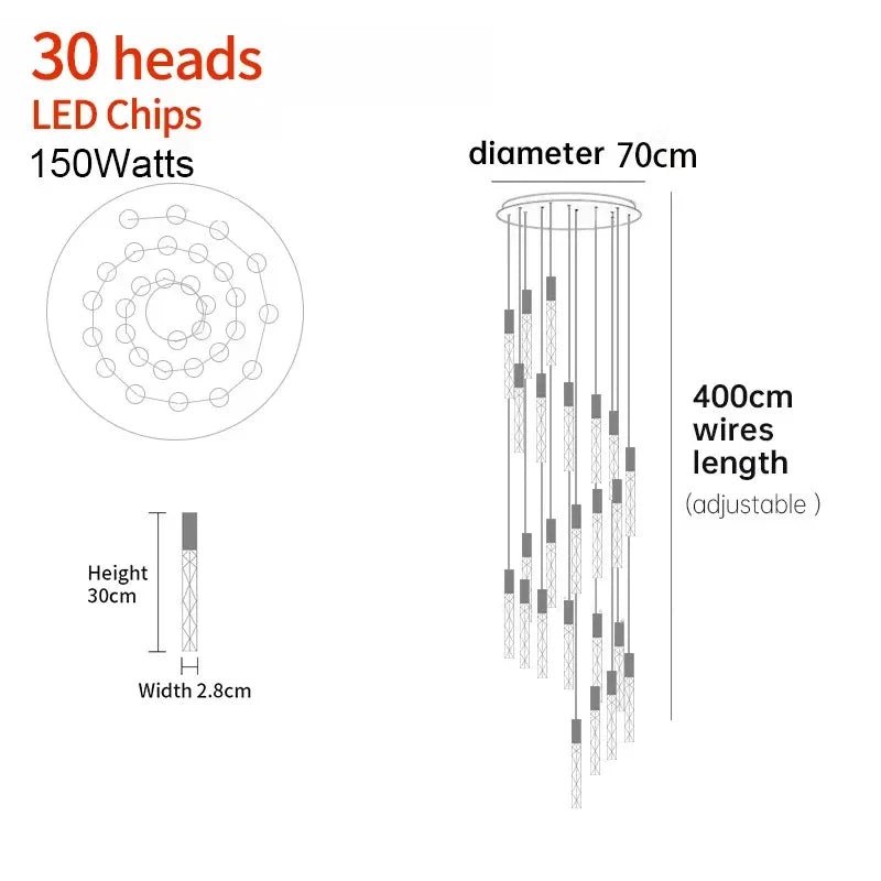 New Staircase Chandelier LED Modern Duplex Loft Spiral Long Chandelier Creative Villa Living Room Bedroom Hanging Crystal Light - Decorbites