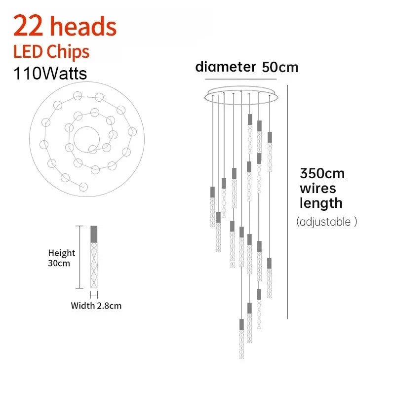New Staircase Chandelier LED Modern Duplex Loft Spiral Long Chandelier Creative Villa Living Room Bedroom Hanging Crystal Light - Decorbites