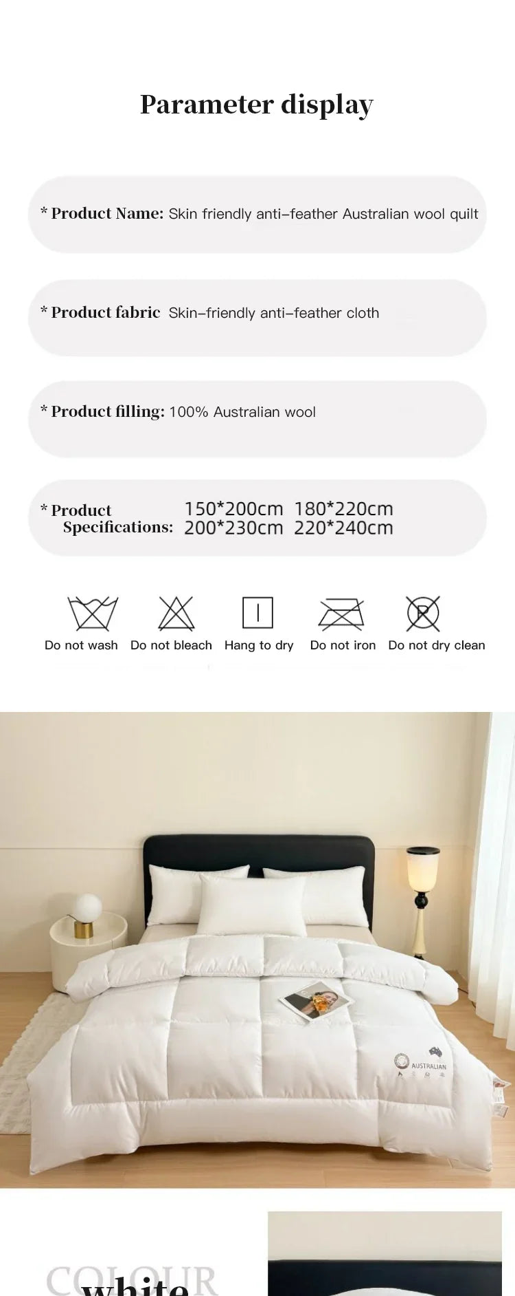 White plush new zealand wool quilt with soft anti-feather cloth and 100 percent australian wool filling for all seasons