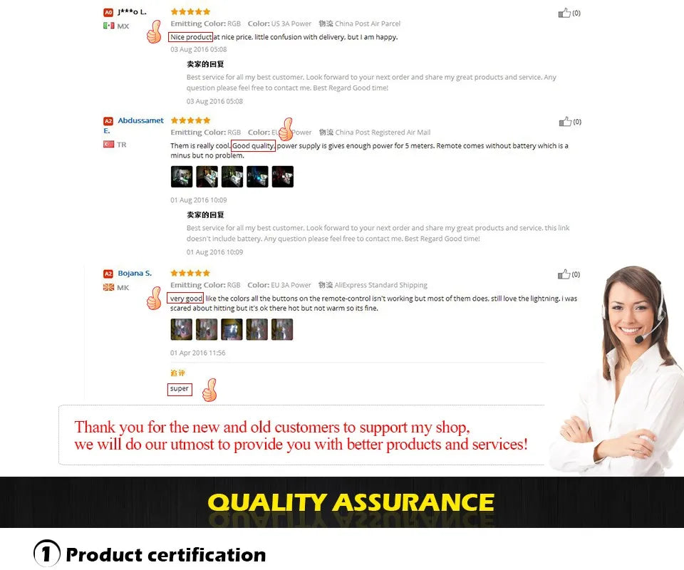 A smiling woman with headset next to customer reviews for a white rice paper Noguchi pendant lantern light for dining room