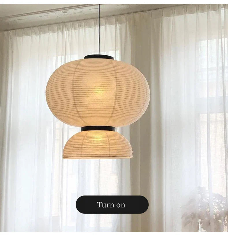 Warm-toned dual-tier noguchi pendant paper lantern light with black metal accents for dining room or shop hanging light