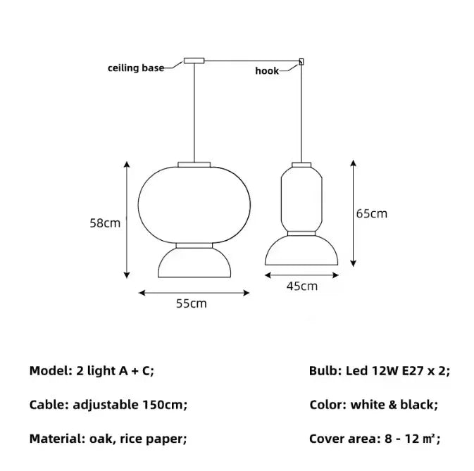 Modern two-light noguchi pendant lamp with oak base and rice paper lantern light for dining room shop hanging light
