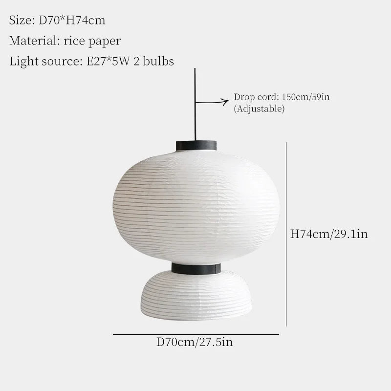 White rice paper lantern light with ribbed texture and black metal accents for dining room or shop hanging light decor
