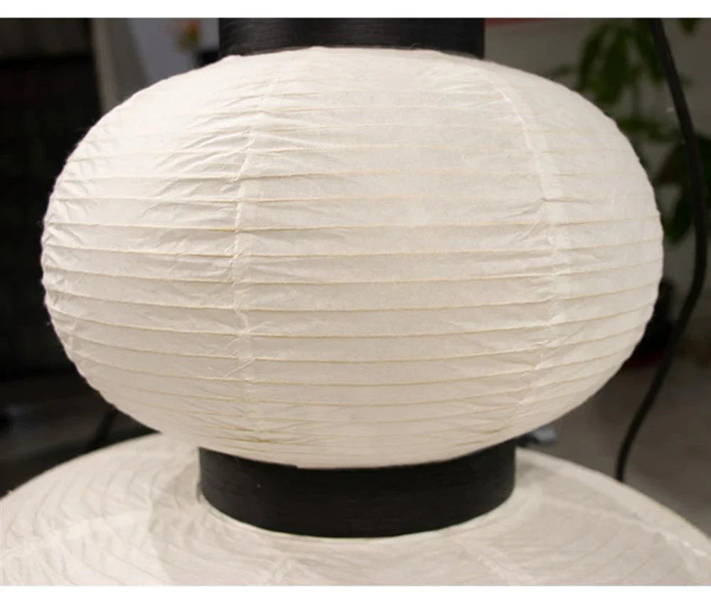 Noguchi pendant white paper lantern light with horizontal pleats and black base for dining room or shop hanging light