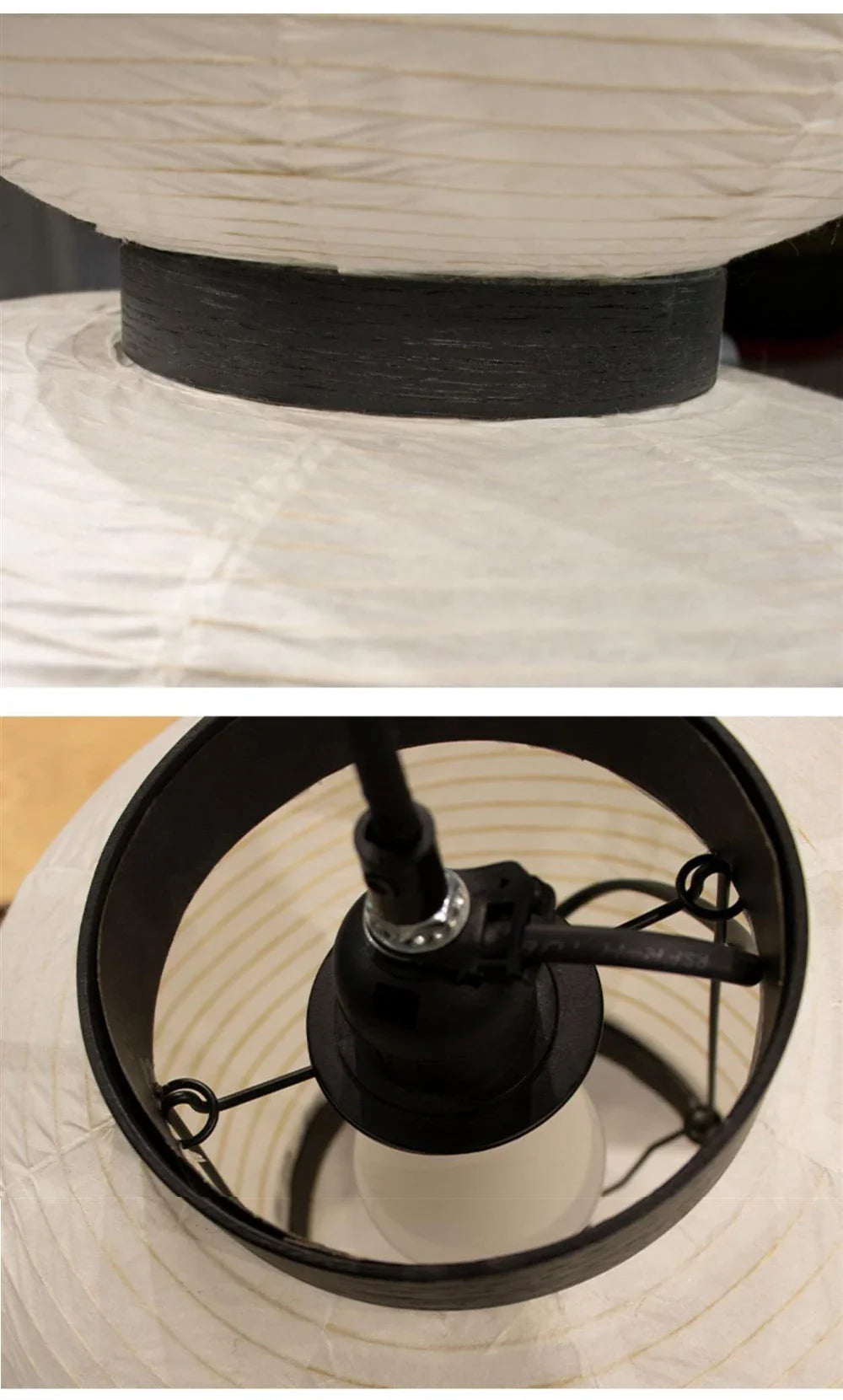 White paper lantern light with black metal base and fixture ideal as dining room shop hanging light and lantern light