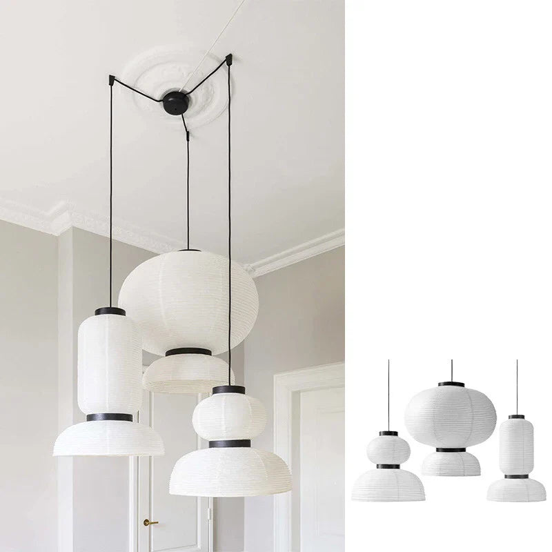 Noguchi pendant light with white rice paper lantern light and black metal accents for dining room or shop hanging light