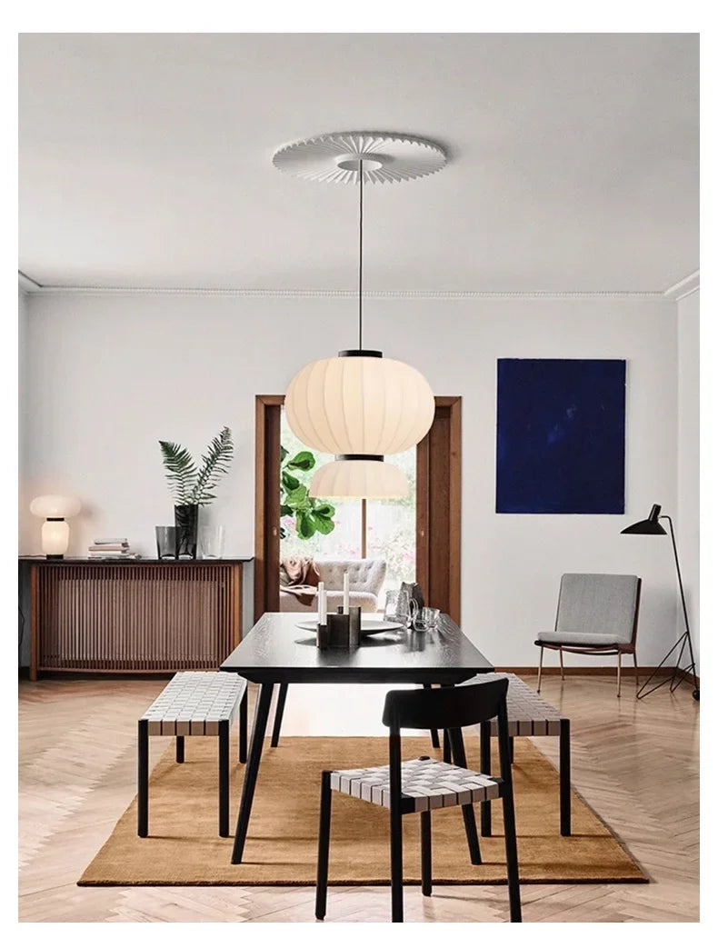 White paper lantern light with fluted ceiling fixture designed as a dining room shop hanging light for restaurant decor