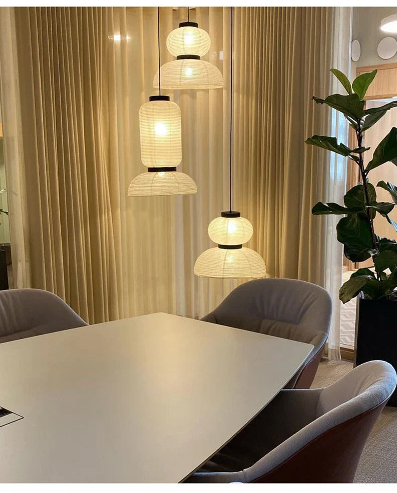 Three tiered noguchi pendant light with warm glowing woven rice paper lantern design for dining room shop hanging light
