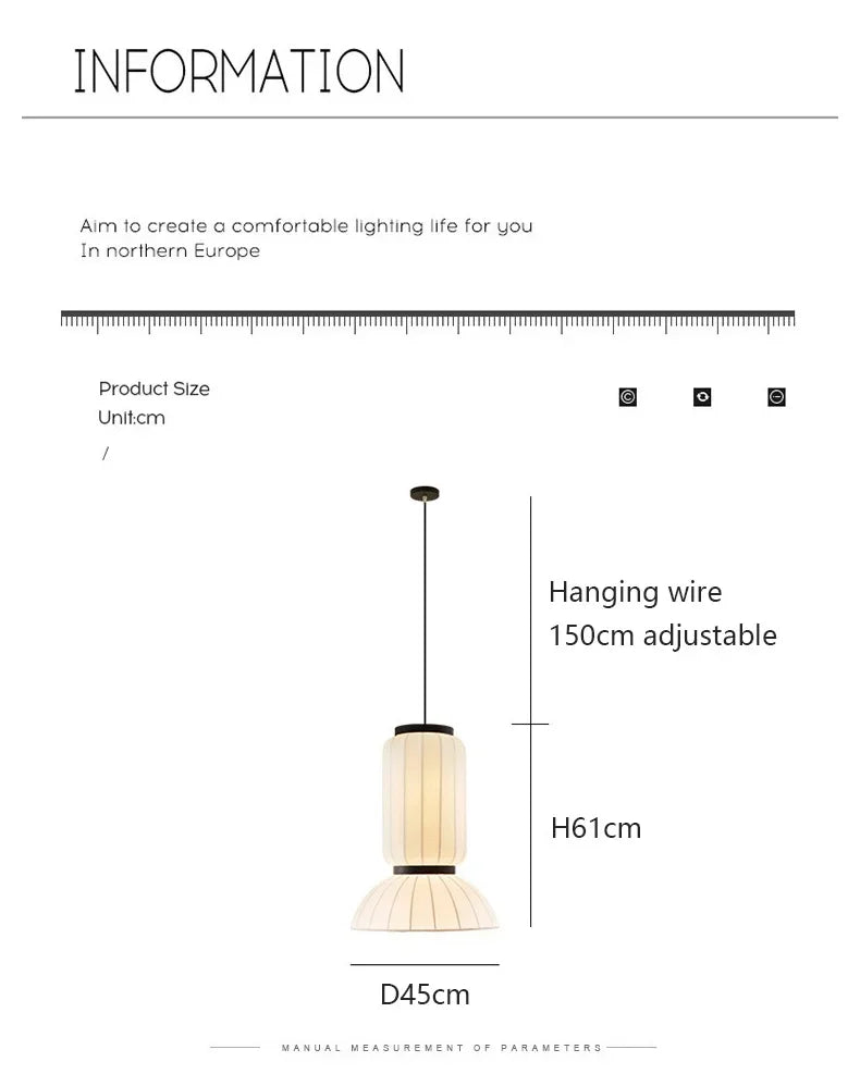 Noguchi pendant shop hanging light with cylindrical pleated white fabric shade and black metal accents for dining room lighting