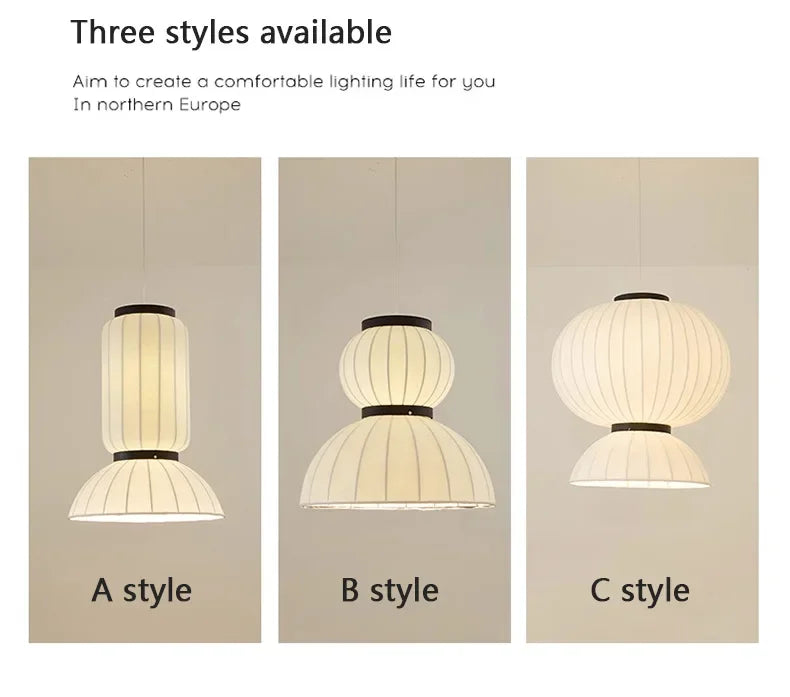 Three minimalist noguchi pendant lights with cream pleated fabric and black metal accents for dining room shop hanging light
