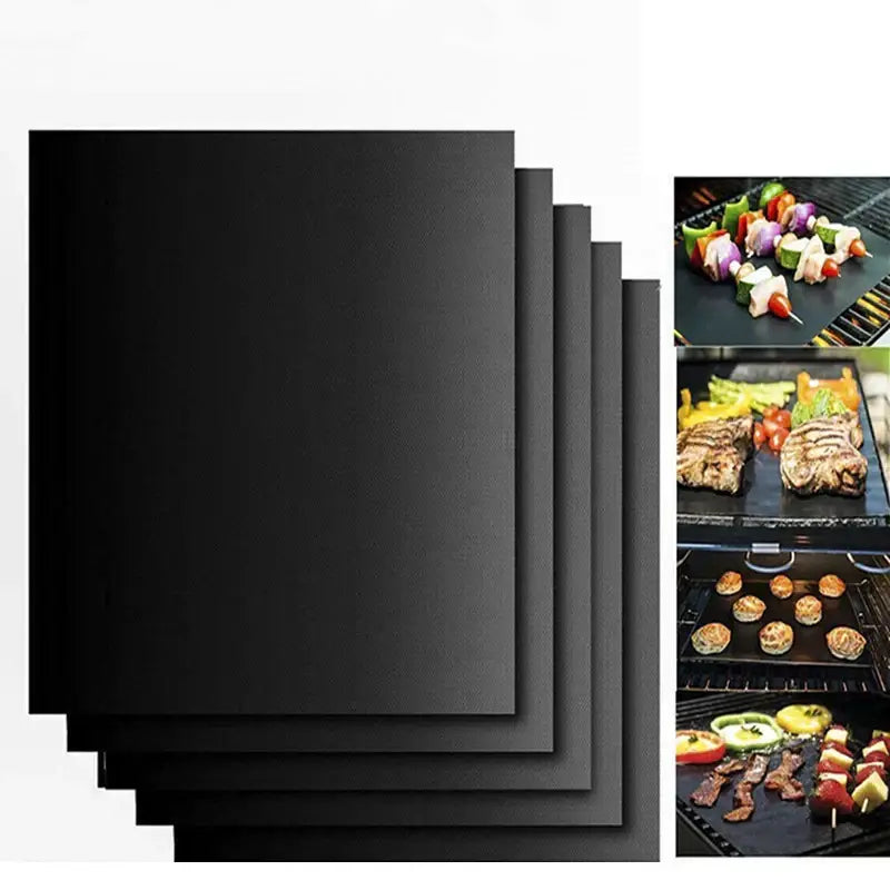 Black non-stick bbq grill mat ideal for kitchen and outdoor cooking accessory for various foods on the grill