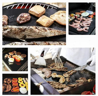 Black non-stick electric bbq grill mat designed for kitchen and outdoor cooking of fish shrimp vegetables and meat