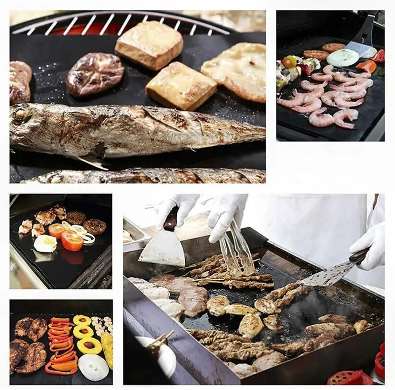 Black non-stick electric bbq grill mat designed for kitchen and outdoor cooking of fish shrimp vegetables and meat