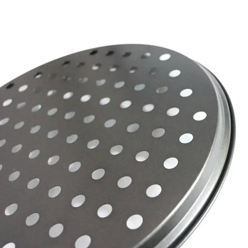Black perforated non stick carbon steel pizza pan with evenly spaced holes baking tray by decorbites