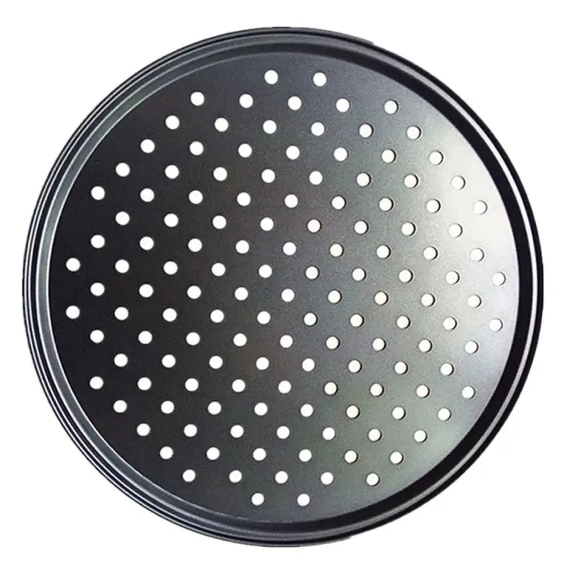 Black round non stick decorbites carbon steel pizza pan baking tray with perforations for even cooking