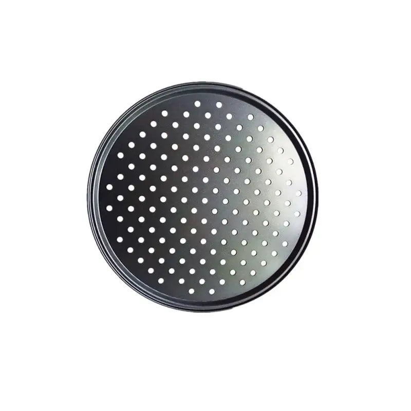 Black round non stick carbon steel perforated pizza pan with metallic rim baking tray by decorbites for kitchen use