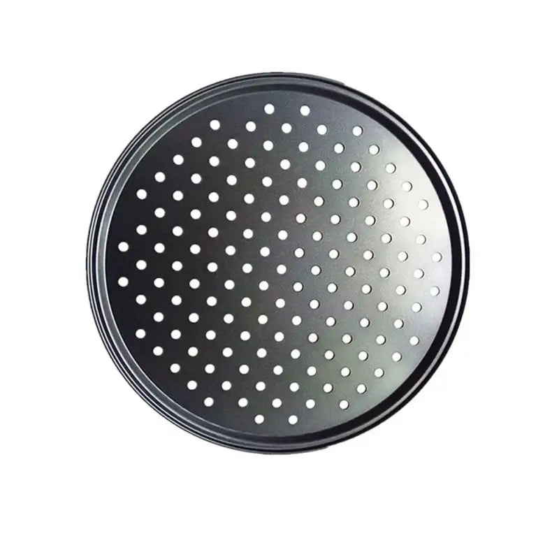 Black non stick decorbites carbon steel perforated pizza pan with round shape and raised rim baking tray