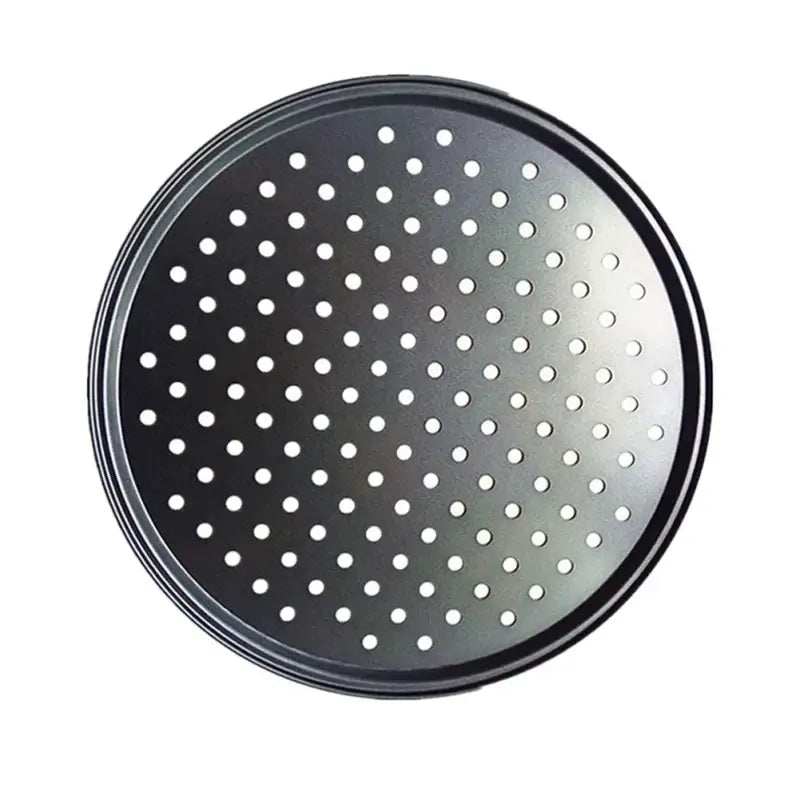 Black round non stick perforated carbon steel pizza pan baking tray by decorbites for kitchen use
