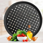 Black perforated non stick carbon steel pizza pan with circular holes decorbites baking tray for kitchen use