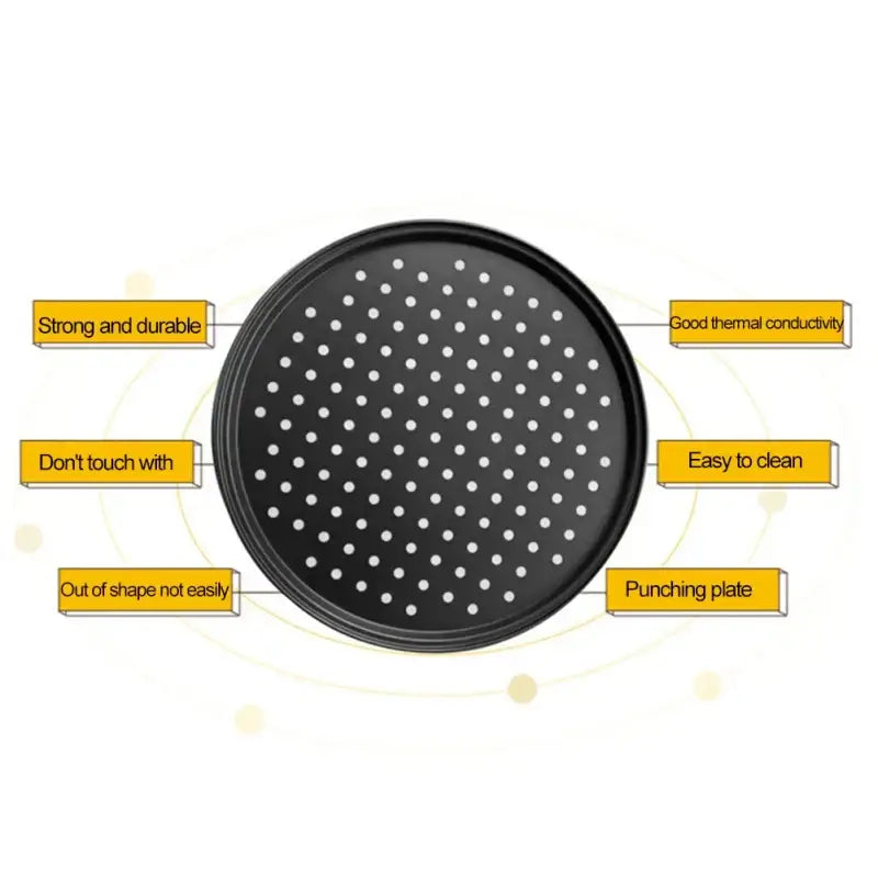 Black circular non stick carbon steel perforated pizza pan baking tray by decorbites with evenly spaced white holes