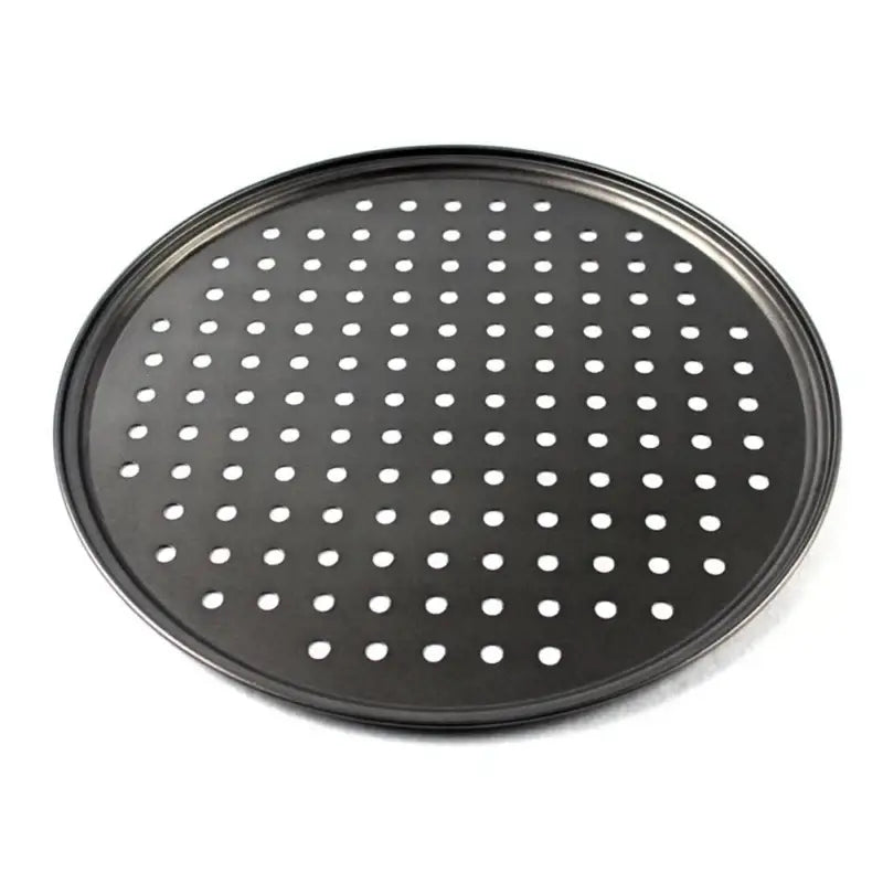 Black perforated non stick carbon steel pizza pan baking tray by decorbites with evenly spaced circular holes