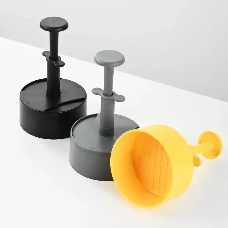 Set of three hamburger meat press molds in black gray and yellow non-stick silicone for easy patty making