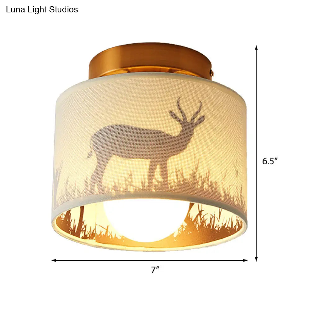 DecorBites™ DecorBites™ Nordic 1-Bulb Fabric Cylinder Flush Mount Light with Flower/Deer Pattern for Foyer
