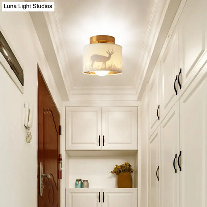 DecorBites™ DecorBites™ Nordic 1-Bulb Fabric Cylinder Flush Mount Light with Flower/Deer Pattern for Foyer