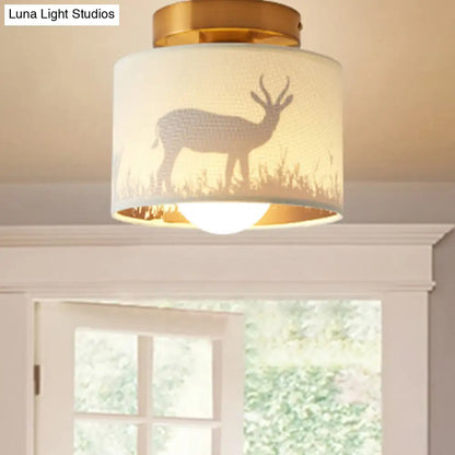 DecorBites™ DecorBites™ Nordic 1-Bulb Fabric Cylinder Flush Mount Light with Flower/Deer Pattern for Foyer