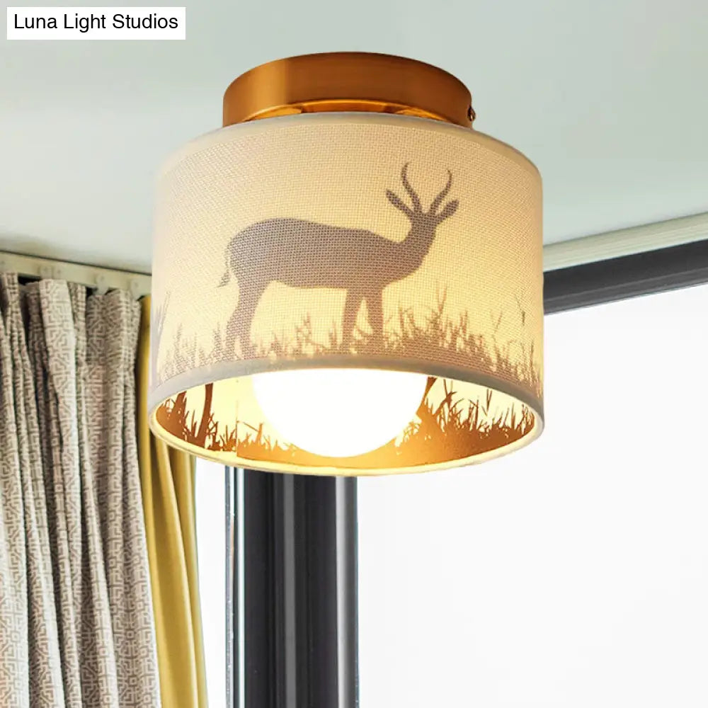 DecorBites™ DecorBites™ Nordic 1-Bulb Fabric Cylinder Flush Mount Light with Flower/Deer Pattern for Foyer