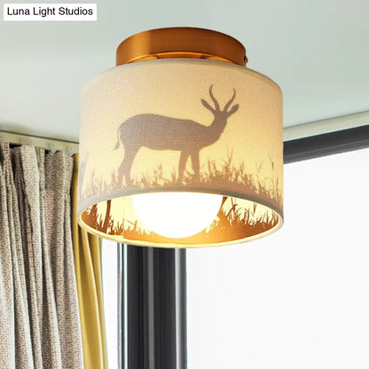 DecorBites™ DecorBites™ Nordic 1-Bulb Fabric Cylinder Flush Mount Light with Flower/Deer Pattern for Foyer