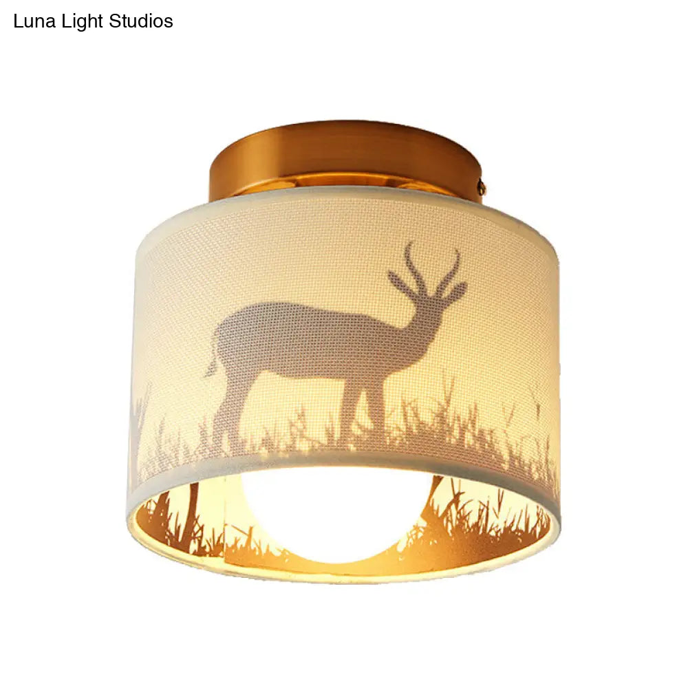 DecorBites™ DecorBites™ Nordic 1-Bulb Fabric Cylinder Flush Mount Light with Flower/Deer Pattern for Foyer