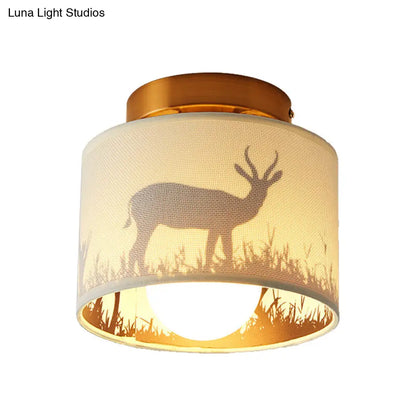 DecorBites™ DecorBites™ Nordic 1-Bulb Fabric Cylinder Flush Mount Light with Flower/Deer Pattern for Foyer