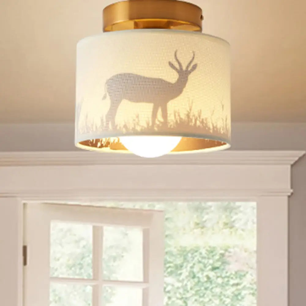 DecorBites™ DecorBites™ Nordic 1-Bulb Fabric Cylinder Flush Mount Light with Flower/Deer Pattern for Foyer