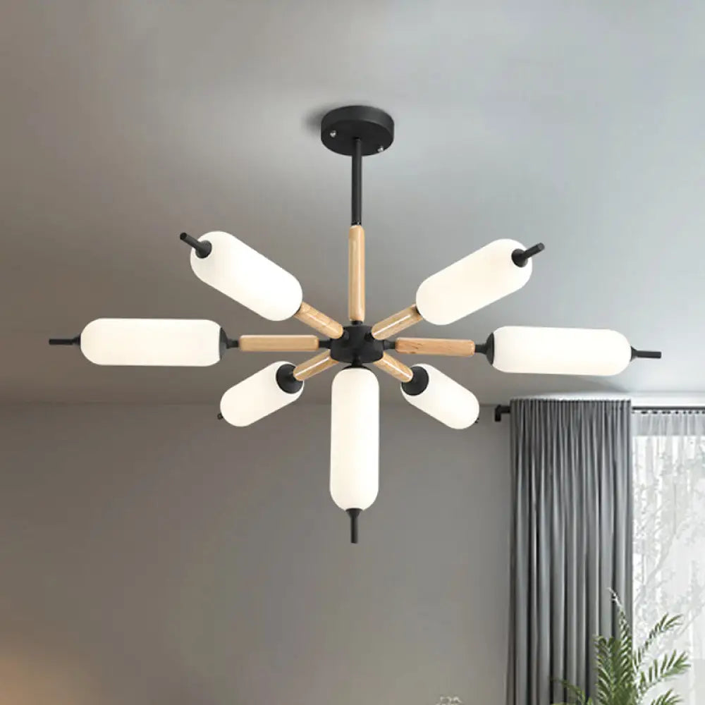 Lámpara de araña nórdica de madera de 7 luces con suspensión negra y pantalla de cristal mate