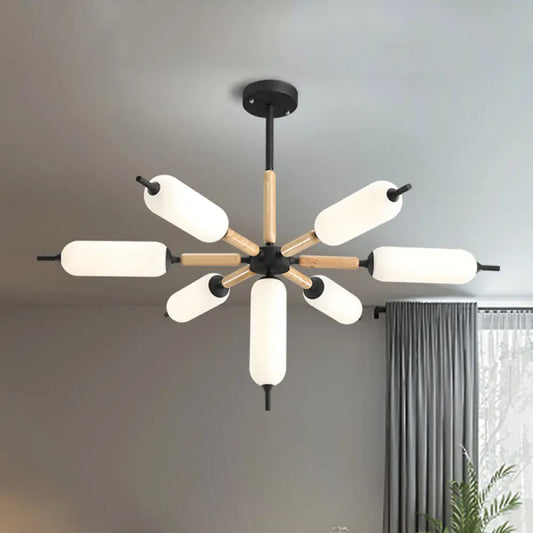 Lámpara de araña nórdica de madera de 7 luces con suspensión negra y pantalla de cristal mate
