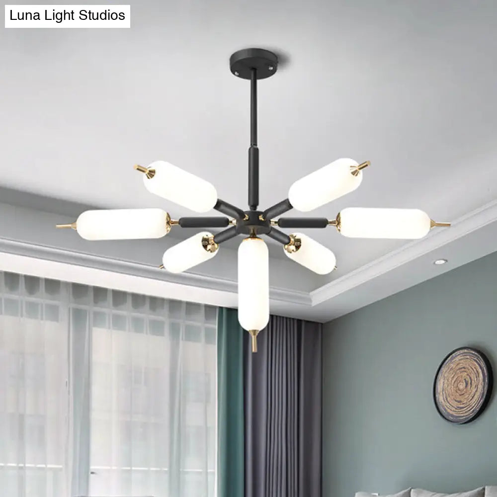 Lámpara de araña nórdica de madera de 7 luces con suspensión negra y pantalla de cristal mate