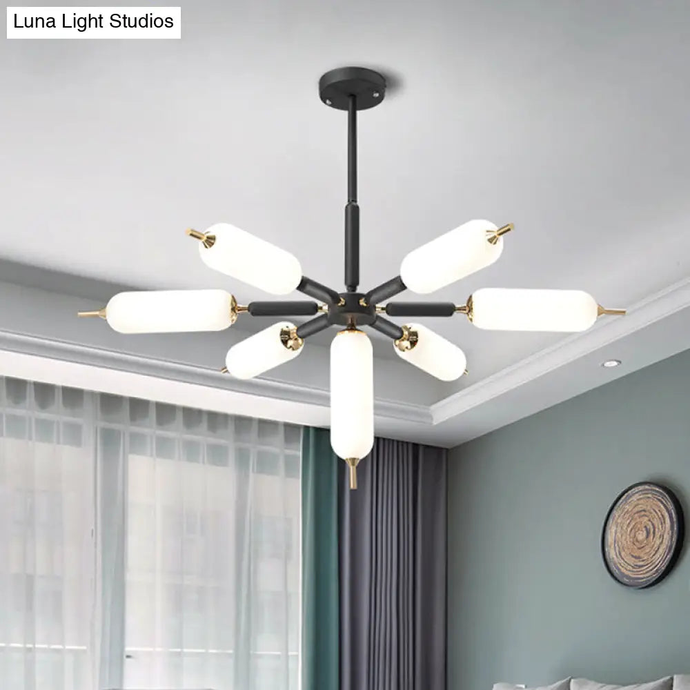 Lámpara de araña nórdica de madera de 7 luces con suspensión negra y pantalla de cristal mate