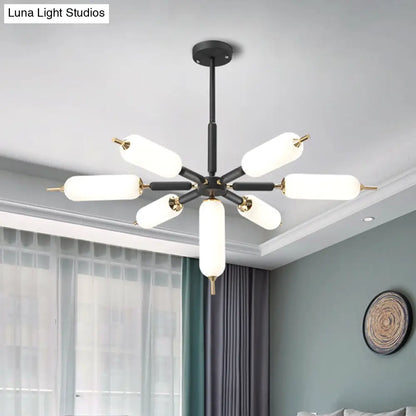 Lámpara de araña nórdica de madera de 7 luces con suspensión negra y pantalla de cristal mate