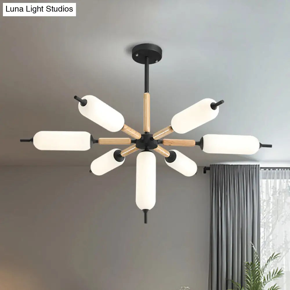 Lámpara de araña nórdica de madera de 7 luces con suspensión negra y pantalla de cristal mate