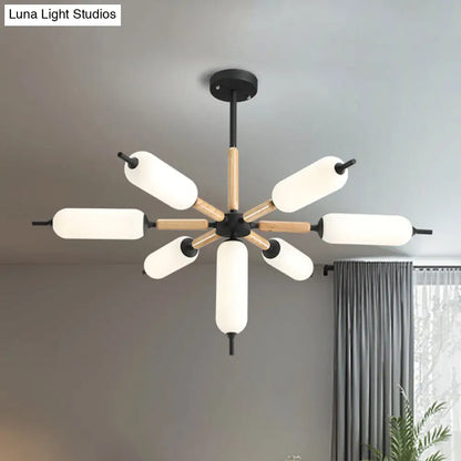 Lámpara de araña nórdica de madera de 7 luces con suspensión negra y pantalla de cristal mate