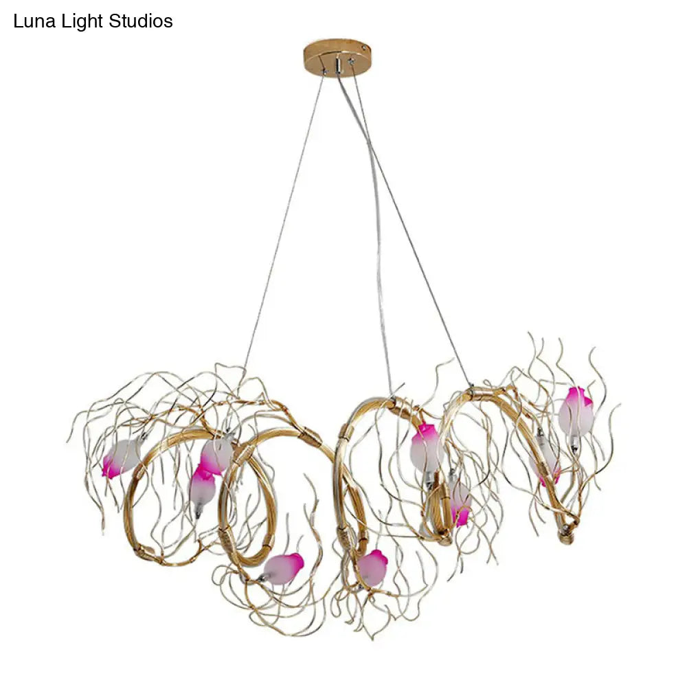 Nordic 8-Light Chandelier with Gold Branch and Glass Rose Pendant for Dining Room