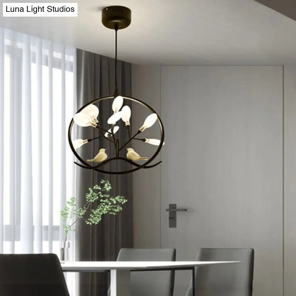Nordic Acrylic Branch 9-Light Chandelier with Bird and Ring Decoration
