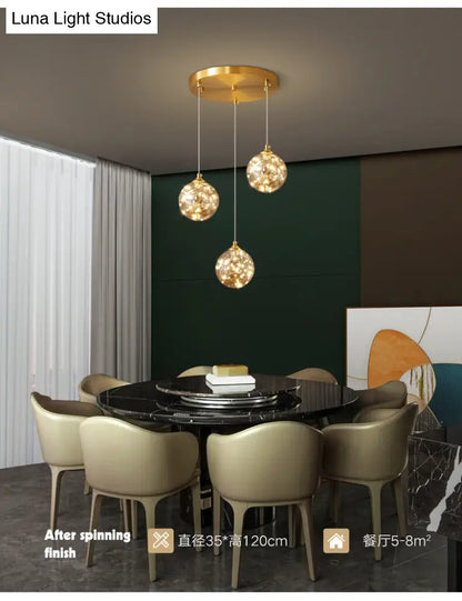 Nordic Amber Glass LED Pendant Lamp with Brass Finish and Starry Design for Bedroom