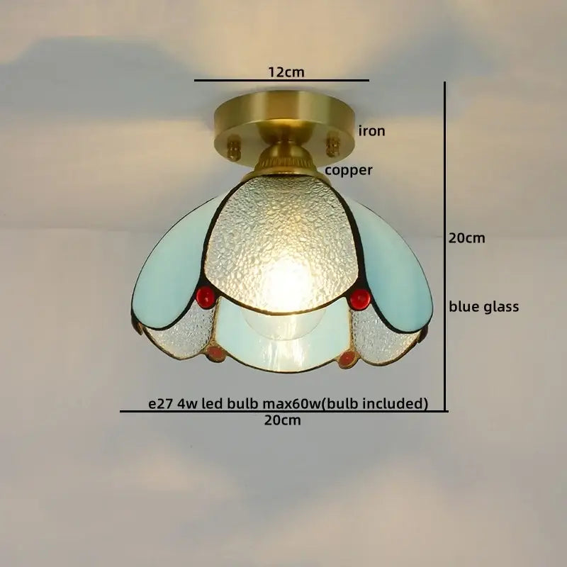 Nordic amber and teal stained glass copper led ceiling light with blue glass petals and brass copper led ceiling base