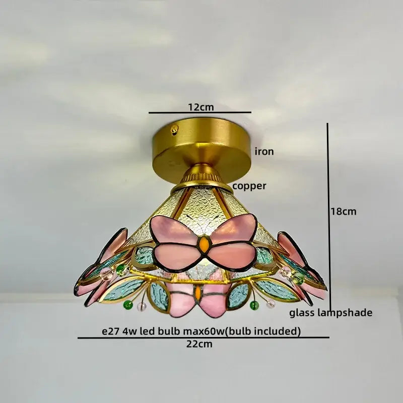 Nordic amber and teal stained glass copper led ceiling light with pink butterfly motifs and brass iron copper base