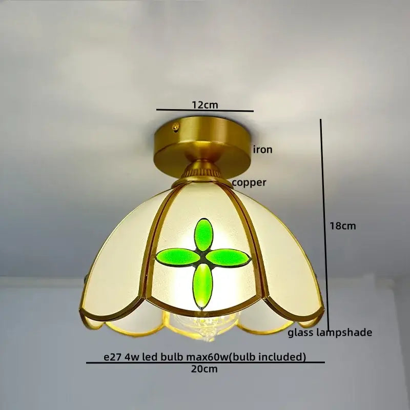 Vintage-style ceiling light with brass-finished iron and copper base and green floral stained glass copper led shade