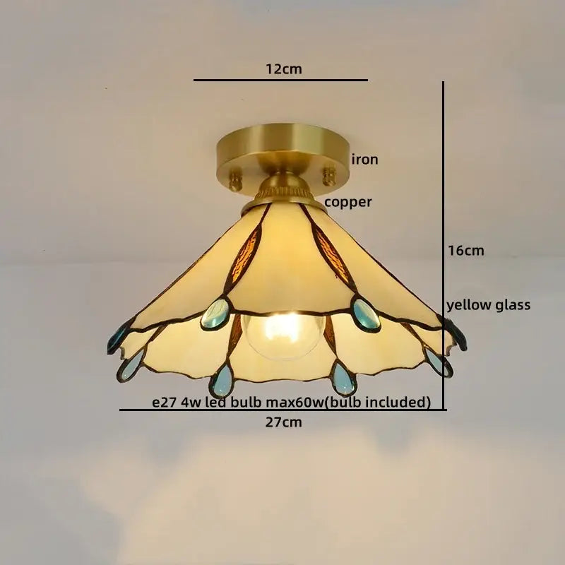 Vintage-style nordic amber and teal stained glass copper led ceiling light with scalloped yellow glass shade and brass base