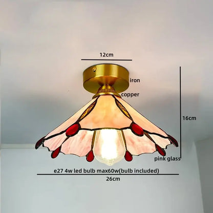 Decorative ceiling light with brass iron and copper base featuring pink stained glass petals and red accents copper led ceiling